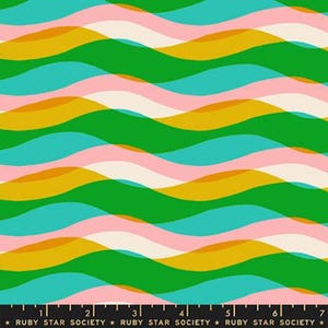 May include: Fabric with a repeating wave pattern in shades of green, teal, pink, and gold. The design features overlapping, translucent layers creating a vibrant, colorful effect. The text "RUBY STAR SOCIETY" is printed at the bottom.