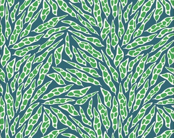 Untamed Fabric by Kate Lower Savanna Dreams Cloud 9 Fabrics Organic Cotton Teal Green and Blue Leaf Plant Fabric - 227450