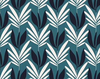 Night Blooms Fabric by Kate Lower Savanna Dreams Cloud 9 Fabrics Organic Cotton Teal Black Leaf Plant Fabric - 227454