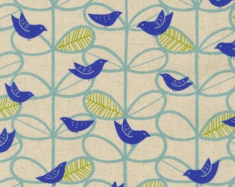 Blue Birds Cotton Flax by Sevenberry for Robert Kaufman Green Floral Fabric Modern Cute Leaves Kitsch Kitchen Japanese Fabric