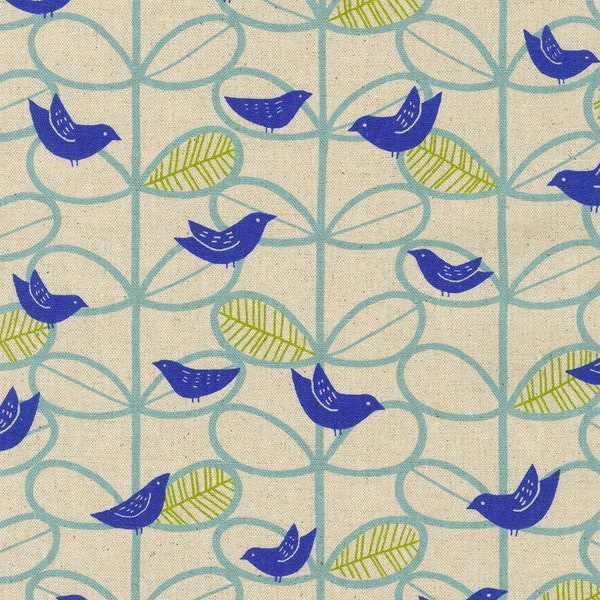 Blue Birds Cotton Flax by Sevenberry for Robert Kaufman Green Floral Fabric Modern Cute Leaves Kitsch Kitchen Japanese Fabric