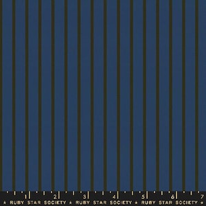 May include: A blue and black striped fabric with a repeating pattern. The fabric is a woven cotton blend.