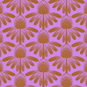 May include: A seamless pattern featuring a repeating design of brown echinacea flowers on a purple background.