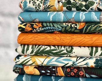 Baltic Woodland Fabric Bundle by Maria Galybina for Cloud 9 Fabrics Organic Cotton Fat Quarter Bundle Cotton Birds Blue Orange Half Yard