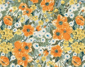 Golden Days Floral by Sharon Holland Art Gallery Fabrics Flower Heirloom Collection Quilt Modern Retro Spring Flowers Orange Yellow Green