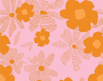 May include: A repeating pattern of orange flowers on a pink background. The flowers have a retro style, with solid orange centers and detailed, curved lines forming the petals. The design is suitable for fabric or wallpaper.