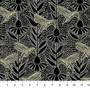 Anna Maria Humming Hummingbirds Black Floral Cotton Quilt Fabric (AMT1007-99L) Indelible Ink