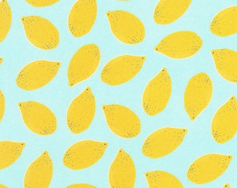 Fruit Cup Lemons by Michelle Kliman for Robert Kaufman Aqua Blue and Yellow Colorful Fruit Fabric Modern Food Kitsch Kitchen Quilt Fabric