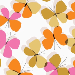 May include: A repeating pattern of stylized butterflies in shades of pink, orange, and gold on a white background. The butterflies have black antennae and are slightly transparent, creating a layered effect. The design is simple and modern.