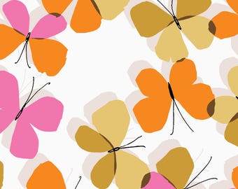 May include: A repeating pattern of stylized butterflies in shades of pink, orange, and gold on a white background. The butterflies have black antennae and are slightly transparent, creating a layered effect. The design is simple and modern.