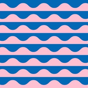 May include: A repeating pattern of alternating blue and pink wavy lines. The blue lines are solid, while the pink lines have a scalloped edge, creating a rhythmic, eye-catching design. The color scheme is bright and cheerful.