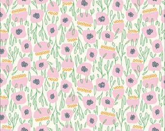 Groundcover Pink Floral Fabric by Kate Lower Savanna Dreams Cloud 9 Fabrics Organic Cotton Pink Green Flower Fabric - 227449