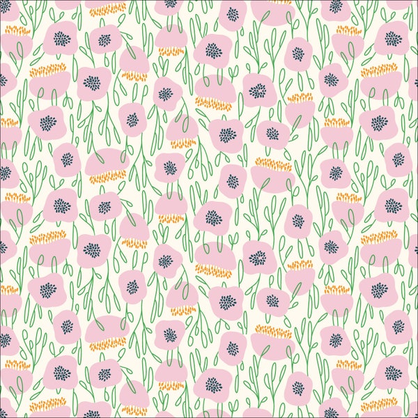Groundcover Pink Floral Fabric by Kate Lower Savanna Dreams Cloud 9 Fabrics Organic Cotton Pink Green Flower Fabric - 227449