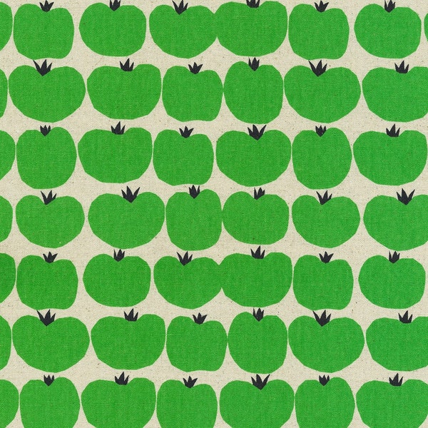 Bright Green Tomato Cotton Flax by Sevenberry for Robert Kaufman Vegetable Fabric Modern Kitsch Kitchen Flowers Made In Japan