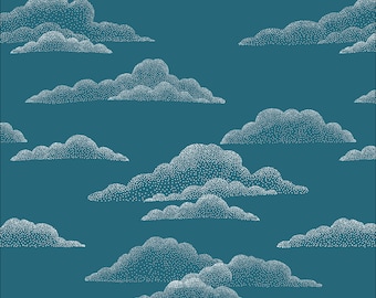 Light Clouds Fabric by Maria Galybina Cloud 9 Fabrics Baltic Woodland Organic Cotton Turquoise Clouds Sky Fabric - 227429