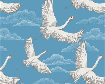 Flying Cranes Fabric by Maria Galybina Cloud 9 Fabrics Baltic Woodland Organic Cotton Blue and White Bird Clouds Sky Fabric - 227431