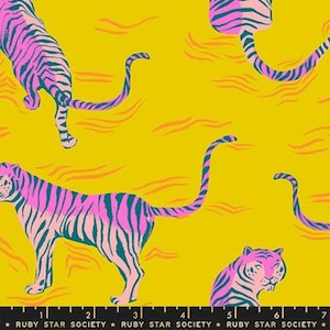 May include: A fabric with a repeating pattern of pink and teal tigers on a yellow background. The tigers have pink stripes and teal accents. The text "RUBY STAR SOCIETY" is printed at the bottom.