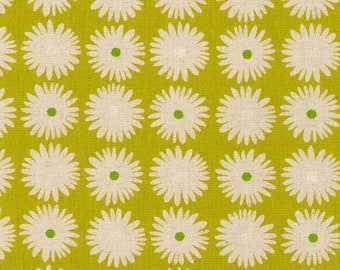 Lime Daisies Cotton Flax by Sevenberry for Robert Kaufman Green Floral Fabric Modern Kitsch Kitchen Flowers Made In Japan