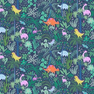 Tissu bleu marine Bienvenue dans la jungle par Dear Stella Fabrics Tissu courtepointe avec des dinosaures, des motifs floraux modernes, des fleurs printanières colorées Hear Me Roar