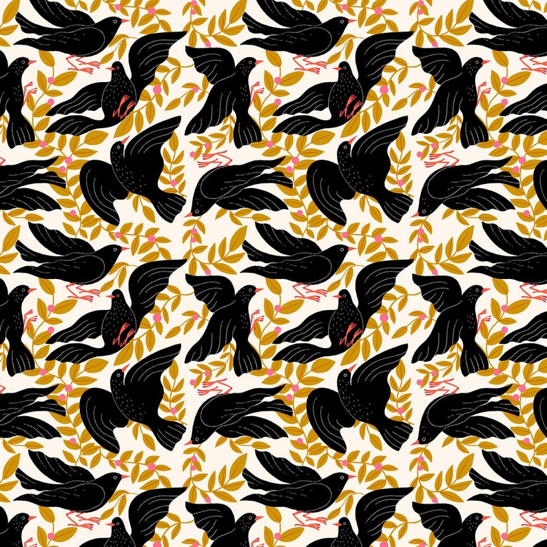 Vanilla Birds Fabric by Faye Guanipa for Dear Stella Fabrics Flora and Fauna Quilt Fabric Modern Black Bird Yellow Leaves image 1