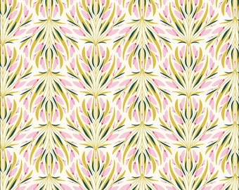 Gather & Grow Fabric by Kate Lower Savanna Dreams Cloud 9 Fabrics Organic Cotton Pink Green Yellow Leaf Plant Fabric - 227452