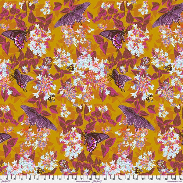 Neighborly Honey Yellow Floral Fabric by Anna Maria Horner for Free Spirit Fabrics Our Fair Home Quilt Fabric Modern Purple Butterflies