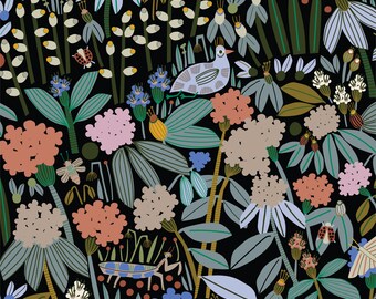 Yesterday Floral Field Hidden Thicket by Leah Duncan Cloud 9 Fabrics Organic Cotton Quilt Fabric Black Birds Bugs Insects Flowers - 227483