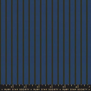 May include: Close-up of a fabric with vertical stripes. The fabric features alternating navy blue and olive green stripes. The text "RUBY STAR SOCIETY" is printed at the bottom of the fabric.