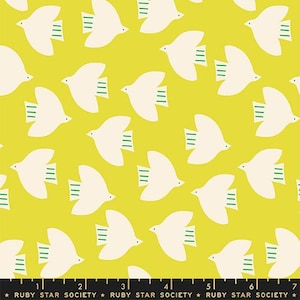 May include: A patterned fabric featuring a repeating design of white birds with green detailing set against a vibrant yellow backdrop. The birds are depicted in a simplified style. The text "RUBY STAR SOCIETY" is at the bottom.