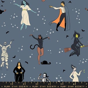 May include: A blue background with a repeating pattern of various Halloween characters including a witch, a vampire, a mummy, a cat, a skeleton, and a ghost.  The characters are all in black and white with the exception of the vampire who is wearing a red cape.