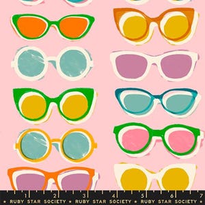 May include: A pattern of colorful sunglasses in various shapes and colors, including orange, yellow, green, and blue, on a pink background. The text "RUBY STAR SOCIETY" is at the bottom.