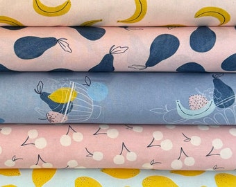 Fruit Cup Fabric Bundle by MK Surface Michelle Kliman for Robert Kaufman Cotton Fat Quarter Bundle Pink Blue Yellow Banana Lemon Half Yard