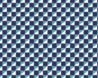 Geometric Navy Teal Organic Cotton Quilt Fabric, Louise Cunningham Cloud 9