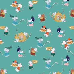 May include: A teal background with a repeating pattern of cartoon mice, teapots, cheese, and fruit. The mice are dressed in various outfits and carrying food items. The teapots are gold with floral designs.