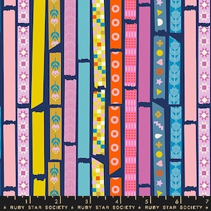 May include: A colorful fabric pattern featuring vertical stripes in various colors, including pink, yellow, orange, and blue, with decorative elements like flowers, geometric shapes, and circles. The background is a dark navy blue.