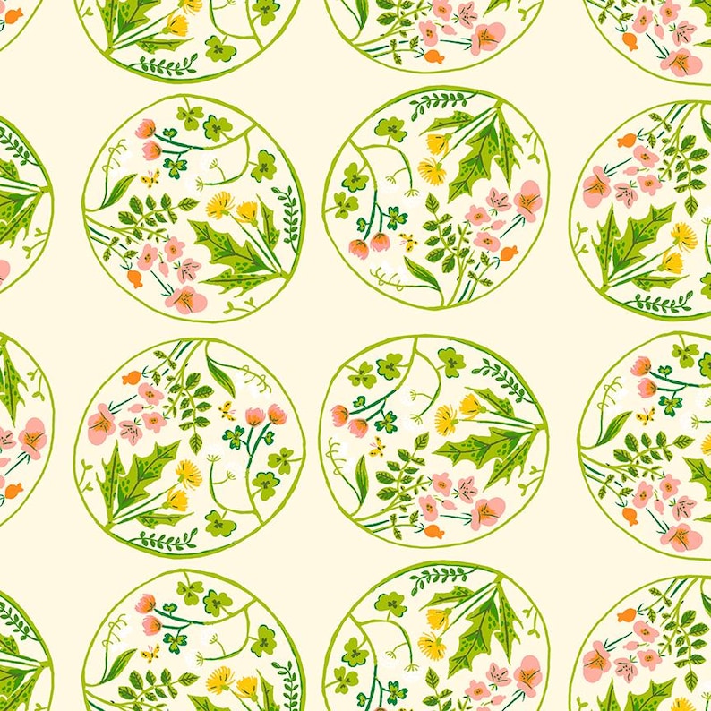 May include: A repeating pattern of floral designs in circular shapes. Each circle contains a variety of flowers and leaves in shades of pink, yellow, and green, set against a cream background. The design is outlined in green.