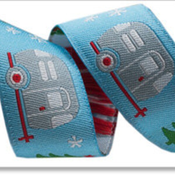 Happy Camper Ribbon - 1 Yard - Airstream Ribbon - Renaissance Ribbons - Holiday Ribbon - Christmas Ribbon - Blue Ribbon