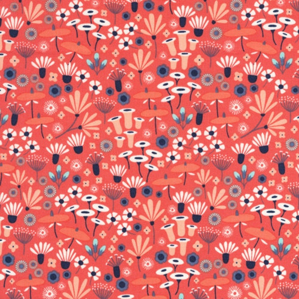 Wildflowers in Crimson (Coral)  by Elizabeth Olwen - 1/2 Yard Wildwood - Cloud 9 Collective  OE 100 Certified Organic Cotton Coral floral