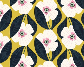 Aspire Floral Fabric by Kate Lower Savanna Dreams Cloud 9 Fabrics Organic Cotton Pink Black Yellow Flower Fabric - 227448