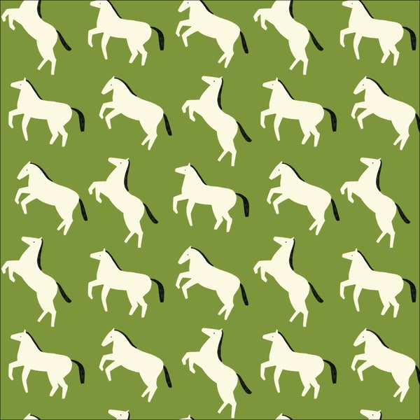 Wild Horses Fabric by Di Ujdi Through the Window Cloud 9 Fabrics Organic Cotton Colorful Green Horse Fabric - 227382