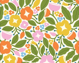 Flower Bed Floral Fabric by Di Ujdi Through the Window Cloud 9 Fabrics Organic Cotton Yellow and Pink Flowers Fabric - 227375