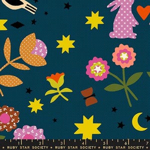 May include: A teal fabric with a repeating pattern of flowers, stars, a rabbit, and a crescent moon. The flowers are pink, orange, and brown. The stars are yellow, and the rabbit is pink with white polka dots. The text "RUBY STAR SOCIETY" is at the bottom.