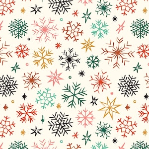May include: A repeating pattern on a cream background featuring various hand-drawn style snowflakes and stars in shades of dark green, rust orange, muted pink, and gold. The design includes diverse geometric snowflake shapes and small dots.