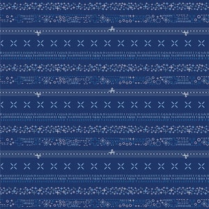 May include: A seamless pattern with a blue background and white stitching. The pattern features a variety of geometric shapes, including circles, squares, and crosses.