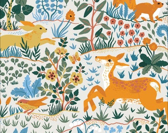 Wild Animals Light Fabric by Maria Galybina Cloud 9 Fabrics Baltic Woodland Organic Cotton Orange Green Rabbits Deer Forest Fabric - 227428