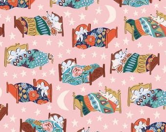 Bedtime Pink Organic Cotton Quilt Fabric, House Mouse Moon Stars