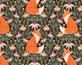 Foxy Daisies Fabric by Juliana Tipton Cloud 9 Fabrics Organic Cotton Orange and Green Floral Fabric Woodland Meadow Bed of Flowers - 227463