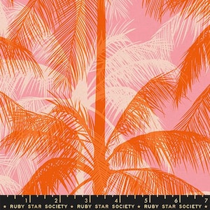 May include: Fabric with a tropical palm tree design. The fabric features orange and white palm trees against a pink background. The text "RUBY STAR SOCIETY" is printed at the bottom.