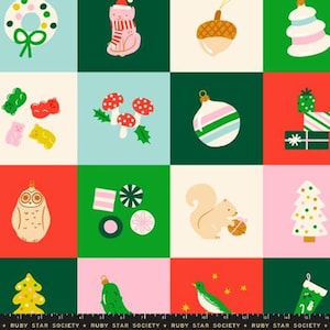 May include: A grid-patterned fabric featuring festive illustrations including a cat in a Santa hat, mushrooms, ornaments, gummy bears, a squirrel, a bird, and wrapped gifts in red, green, pink, and light blue squares. Text reads Ruby Star Society.