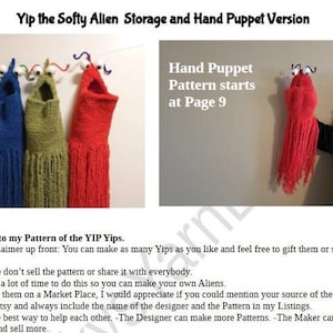 Yip the Softy Alien Crochet Pattern for Hand Puppet and Bag.